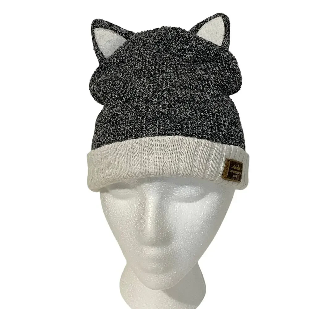 KAVU Kids Cat Ears Stocking Hat Knit Beanie Youth One Size Charcoal Cream